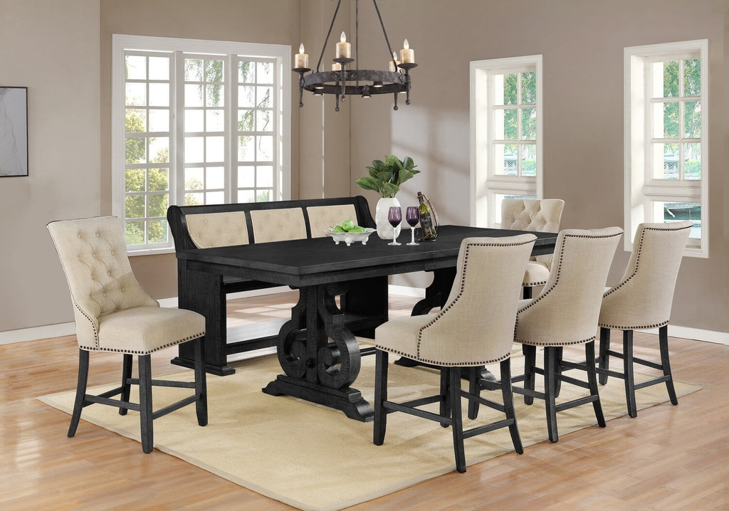 D91-7PC-BN 7 pc Rustic dark grey finish wood counter height dining table set beige chairs Charlton home with bench