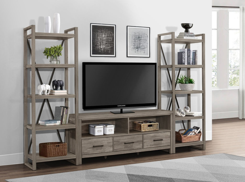Homelegance 15260-66-3PC 3 pc Bainbridge grey weathered wood grain look finish wood tv entertainment center 66" tv stand with side piers