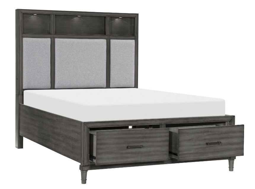 Homelegance 1573-4PC 4 pc Wittenberry grey grain wood finish fabric tufted LED headboard queen bedroom set footboard drawers