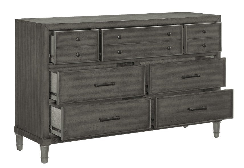 Homelegance 1573-4PC 4 pc Wittenberry grey grain wood finish fabric tufted LED headboard queen bedroom set footboard drawers