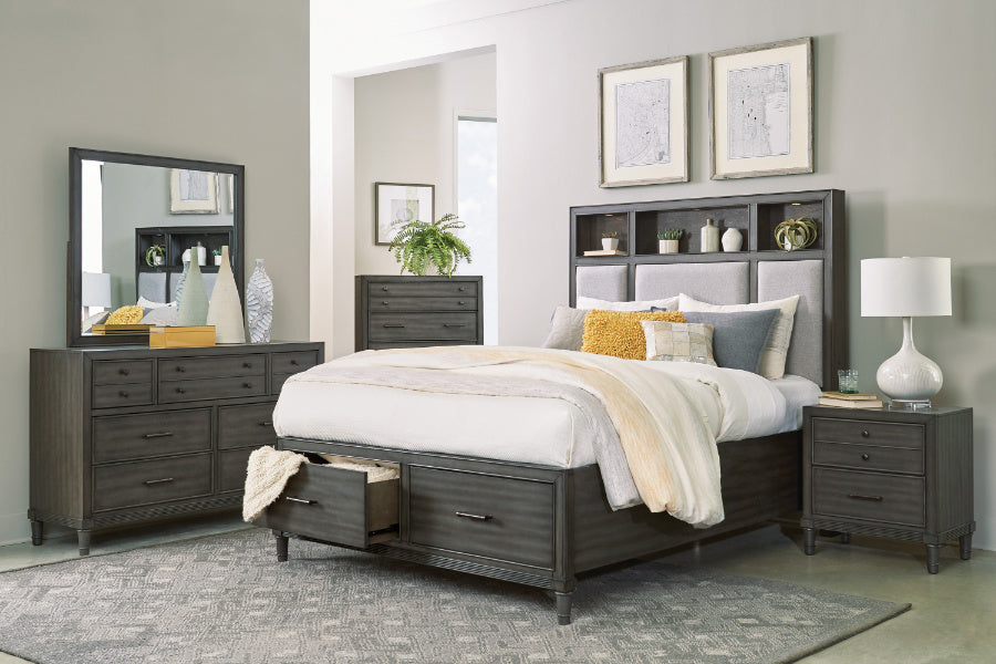 Homelegance 1573-4PC 4 pc Wittenberry grey grain wood finish fabric tufted LED headboard queen bedroom set footboard drawers