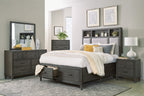 Homelegance 1573-4PC 4 pc Wittenberry grey grain wood finish fabric tufted LED headboard queen bedroom set footboard drawers