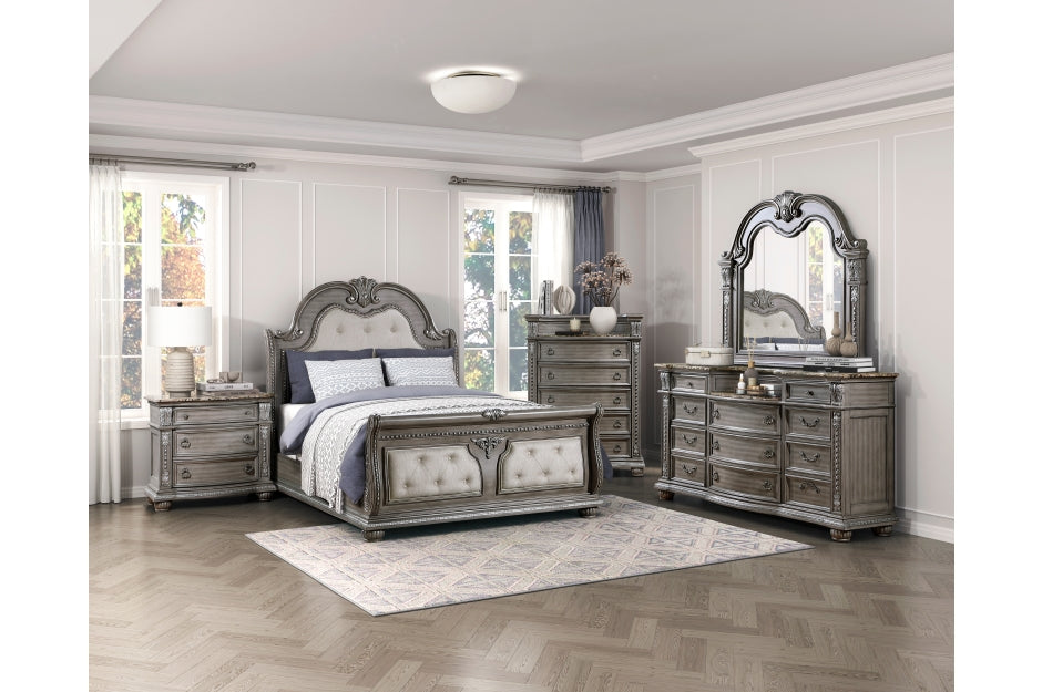 Homelegance 1583-4PC 4 pc Bennington grey finish wood tufted headboard and footboard sleigh style queen bedroom set