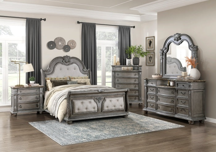 Homelegance 1583-4PC 4 pc Bennington grey finish wood tufted headboard and footboard sleigh style queen bedroom set