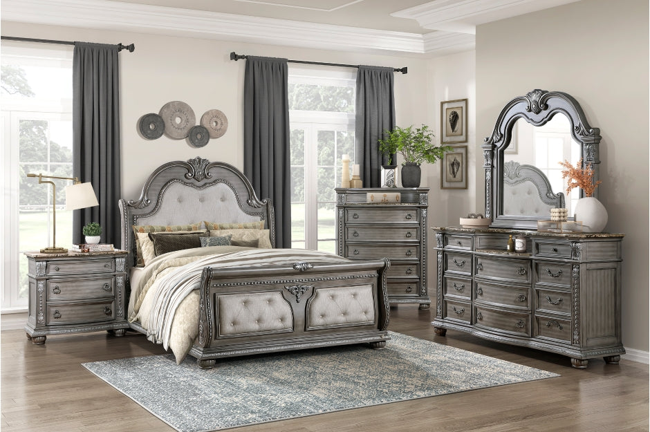 Homelegance 1583-4PC 4 pc Bennington grey finish wood tufted headboard and footboard sleigh style queen bedroom set