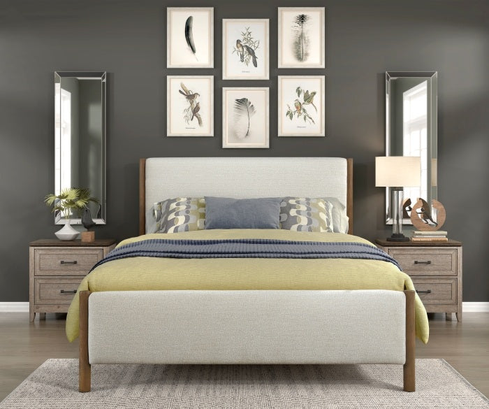 Homelegance 1587-1 Julian caramel oak finish wood chenille fabric upholstered headboard mid-century modern queen bed