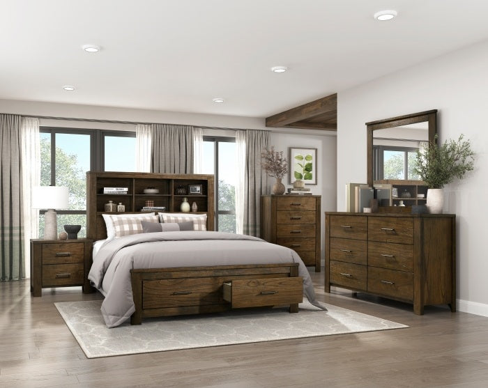 Sullivan Wire Brushed Oak Wood Queen Bedroom Set with Footboard Drawers and Storage Headboard – 1592-4PC