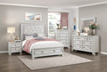 Theodora Pearl White Wood Queen Bedroom Set with Tufted Fabric Headboard and Nailheads – 1596-4PC