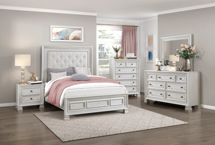 Theodora Pearl White Wood Queen Bedroom Set with Tufted Fabric Headboard and Nailheads – 1596-4PC