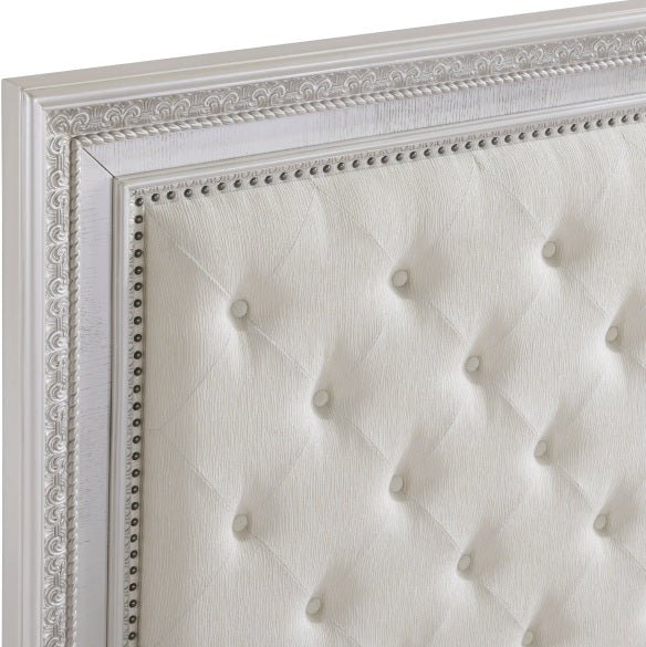 Theodora Pearl White Wood Queen Bedroom Set with Tufted Fabric Headboard and Nailheads – 1596-4PC