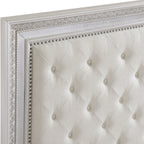 Theodora Pearl White Wood Queen Bedroom Set with Tufted Fabric Headboard and Nailheads – 1596-4PC