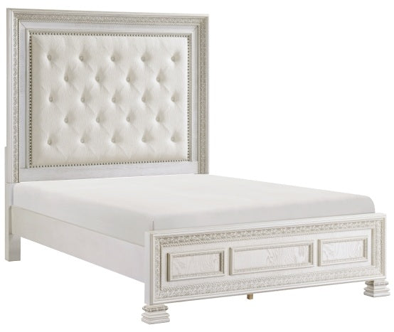 Theodora Pearl White Wood Queen Bedroom Set with Tufted Fabric Headboard and Nailheads – 1596-4PC