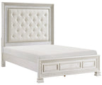 Theodora Pearl White Wood Queen Bedroom Set with Tufted Fabric Headboard and Nailheads – 1596-4PC