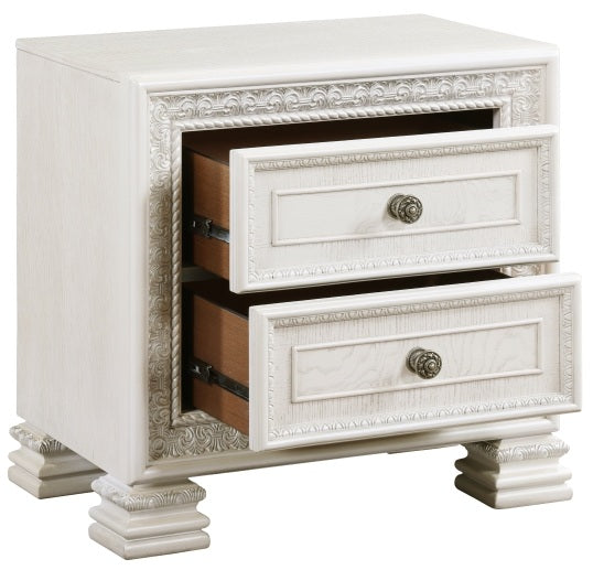 Theodora Pearl White Wood Queen Bedroom Set with Tufted Fabric Headboard and Nailheads – 1596-4PC
