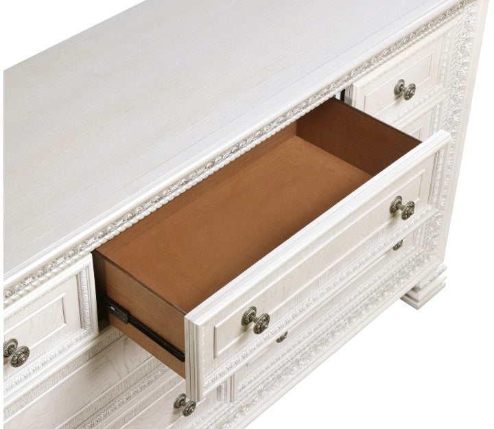 Theodora Pearl White Wood Queen Bedroom Set with Tufted Fabric Headboard and Nailheads – 1596-4PC