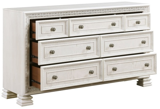 Theodora Pearl White Wood Queen Bedroom Set with Tufted Fabric Headboard and Nailheads – 1596-4PC