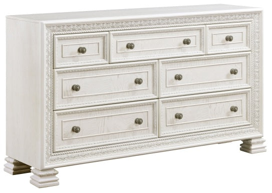 Theodora Pearl White Wood Queen Bedroom Set with Tufted Fabric Headboard and Nailheads – 1596-4PC