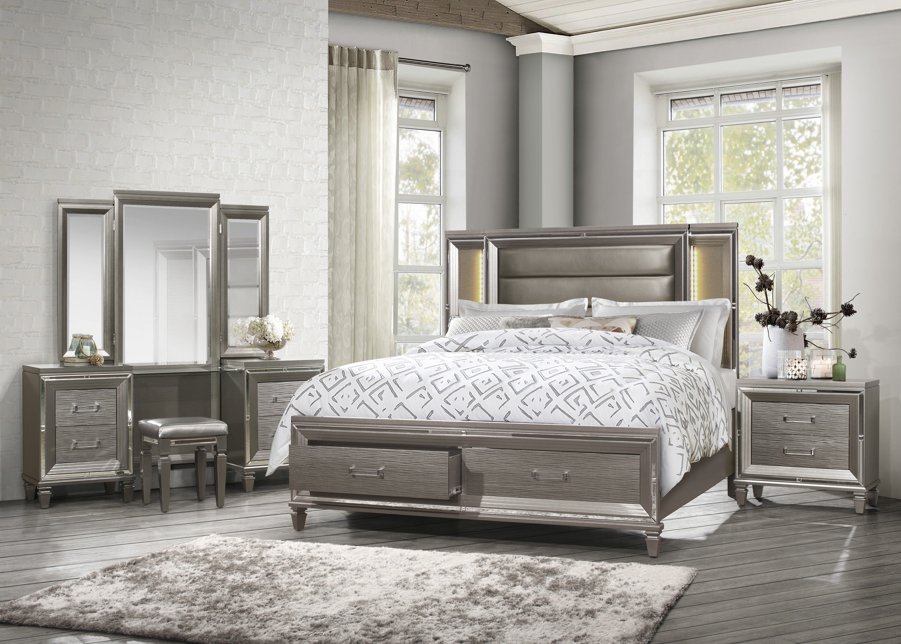 Homelegance 1616-4PC 4 pc Tamsin silver gray metallic finish wood mirrored trim queen bedroom set with led trim