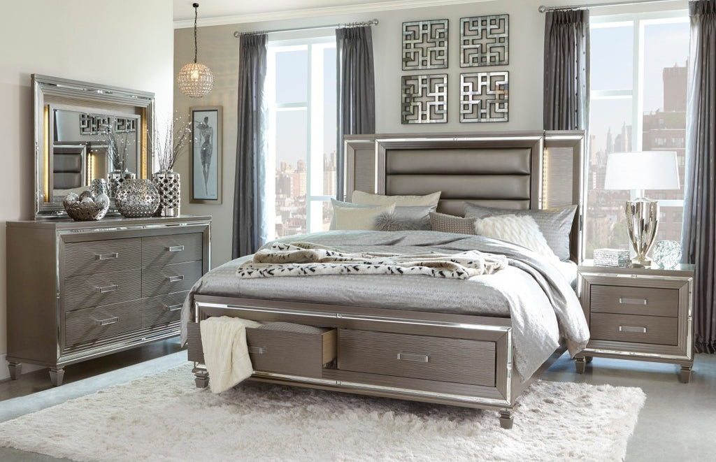 Homelegance 1616-4PC 4 pc Tamsin silver gray metallic finish wood mirrored trim queen bedroom set with led trim