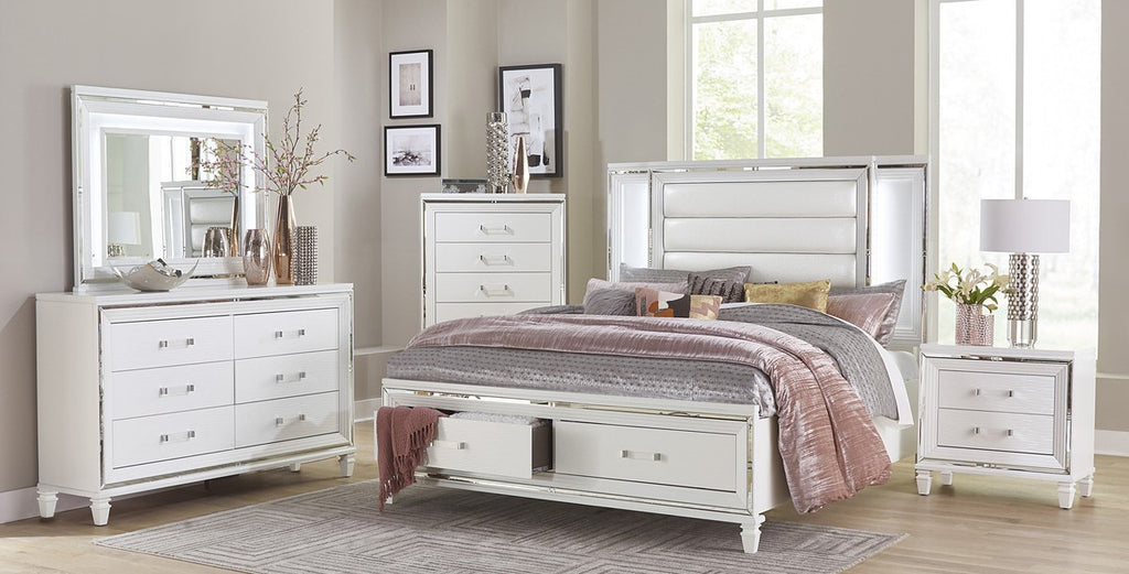 Homelegance 1616W-4PC 4 pc Tamsin white metallic finish wood mirrored trim queen bedroom set with led trim