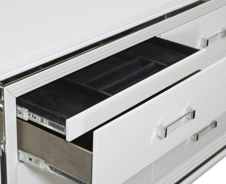 Homelegance 1616W-4PC 4 pc Tamsin white metallic finish wood mirrored trim queen bedroom set with led trim