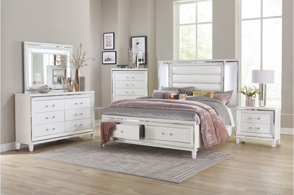 Homelegance 1616W-4PC 4 pc Tamsin white metallic finish wood mirrored trim queen bedroom set with led trim