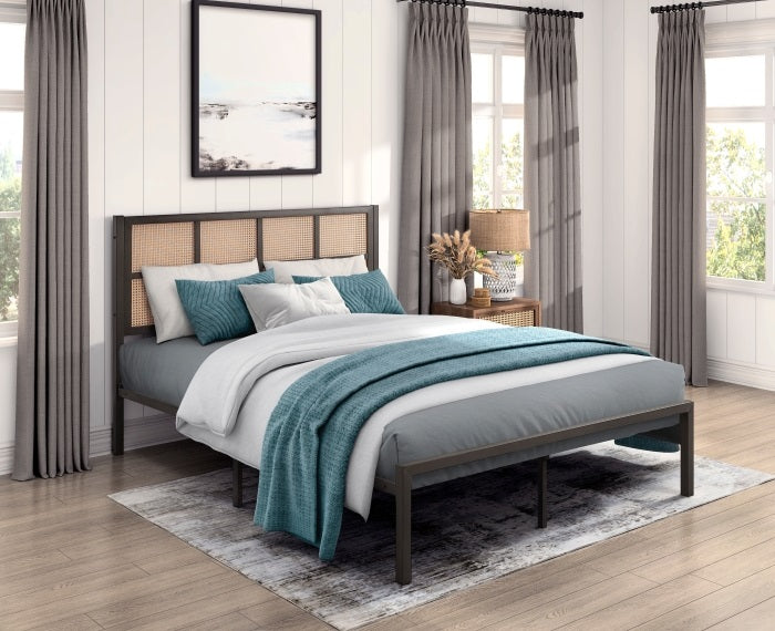 Homelegance 1635DZ-1 Sanibel dark bronze finish metal frame faux cane woven headboard queen bed