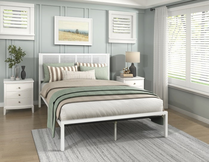 Homelegance 1635WH-1 Sanibel white finish metal frame faux cane woven headboard queen bed