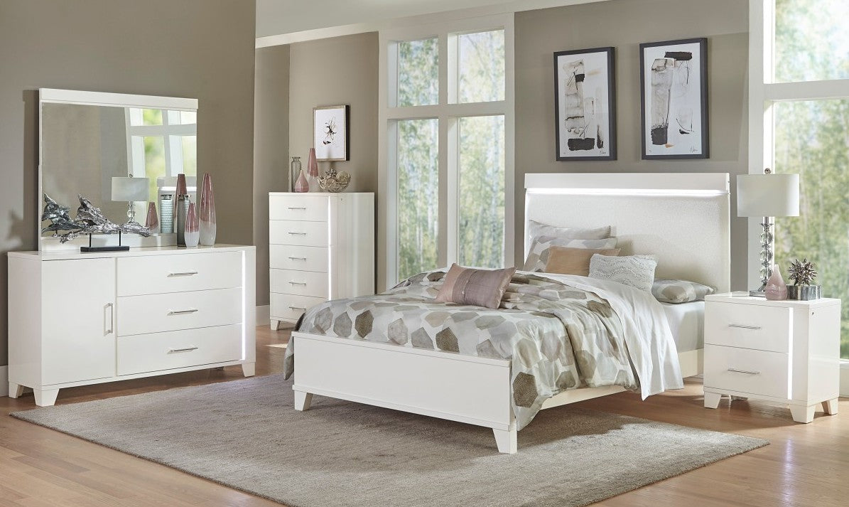 Homelegance 1678W-4PC 4 pc Kerren white high gloss finish wood faux leather queen bedroom set with led