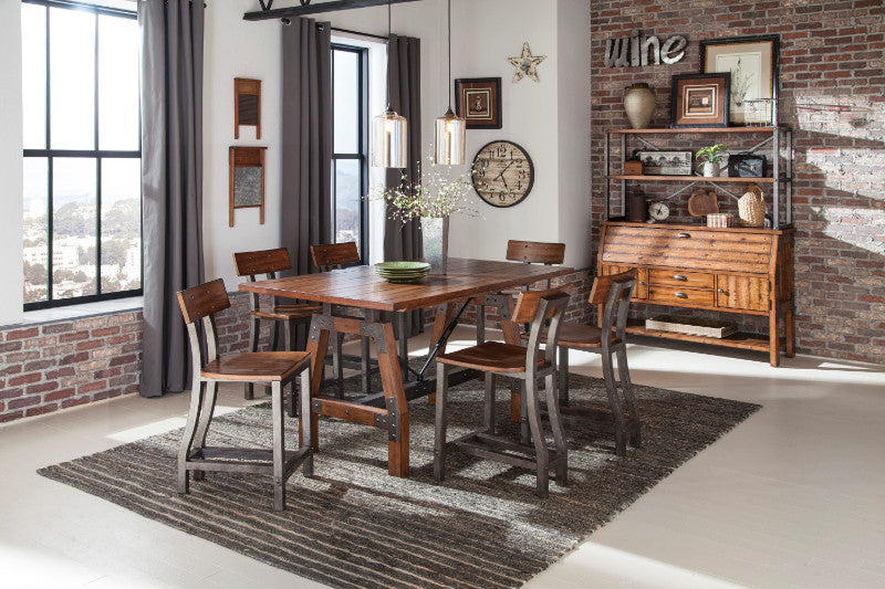 Homelegance 1715-36 7 pc Holverson rustic brown finish wood trestle base counter height dining table set