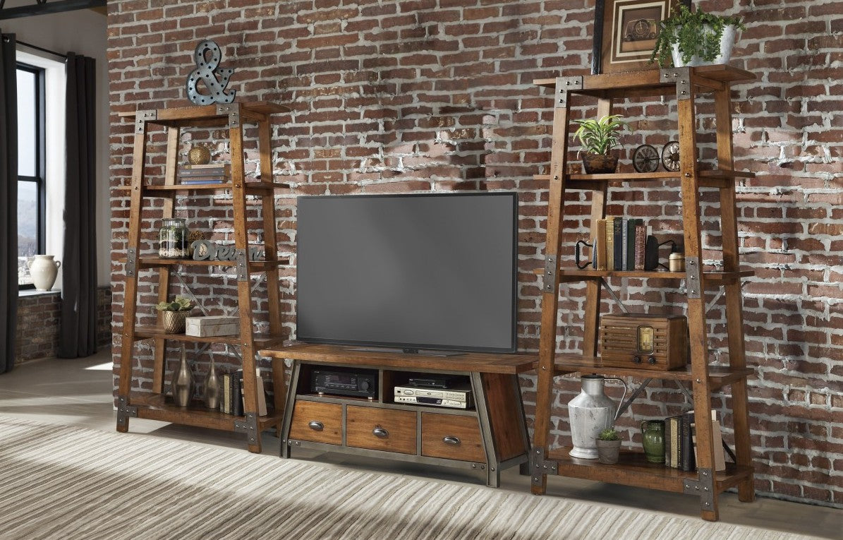 Homelegance 17150-64T-3PC 3 pc Holverson rustic brown finish wood and gunmetal accents tv entertainment center tv stand with side piers
