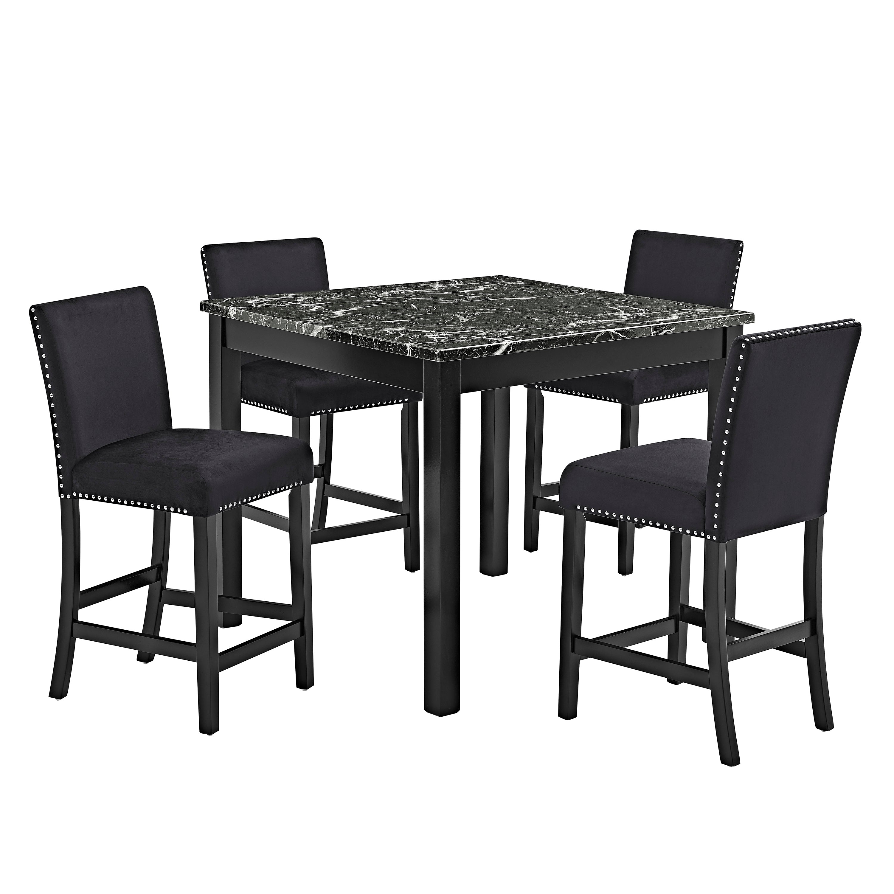 1715SET-AB 5 pc Lennon black finish wood faux marble top counter height dining table set black velvet chairs