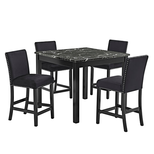 1715SET-AB 5 pc Lennon black finish wood faux marble top counter height dining table set black velvet chairs