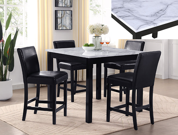 1715SET-PU 5 pc Lennon black finish wood faux marble top counter height dining table set black faux leather chairs
