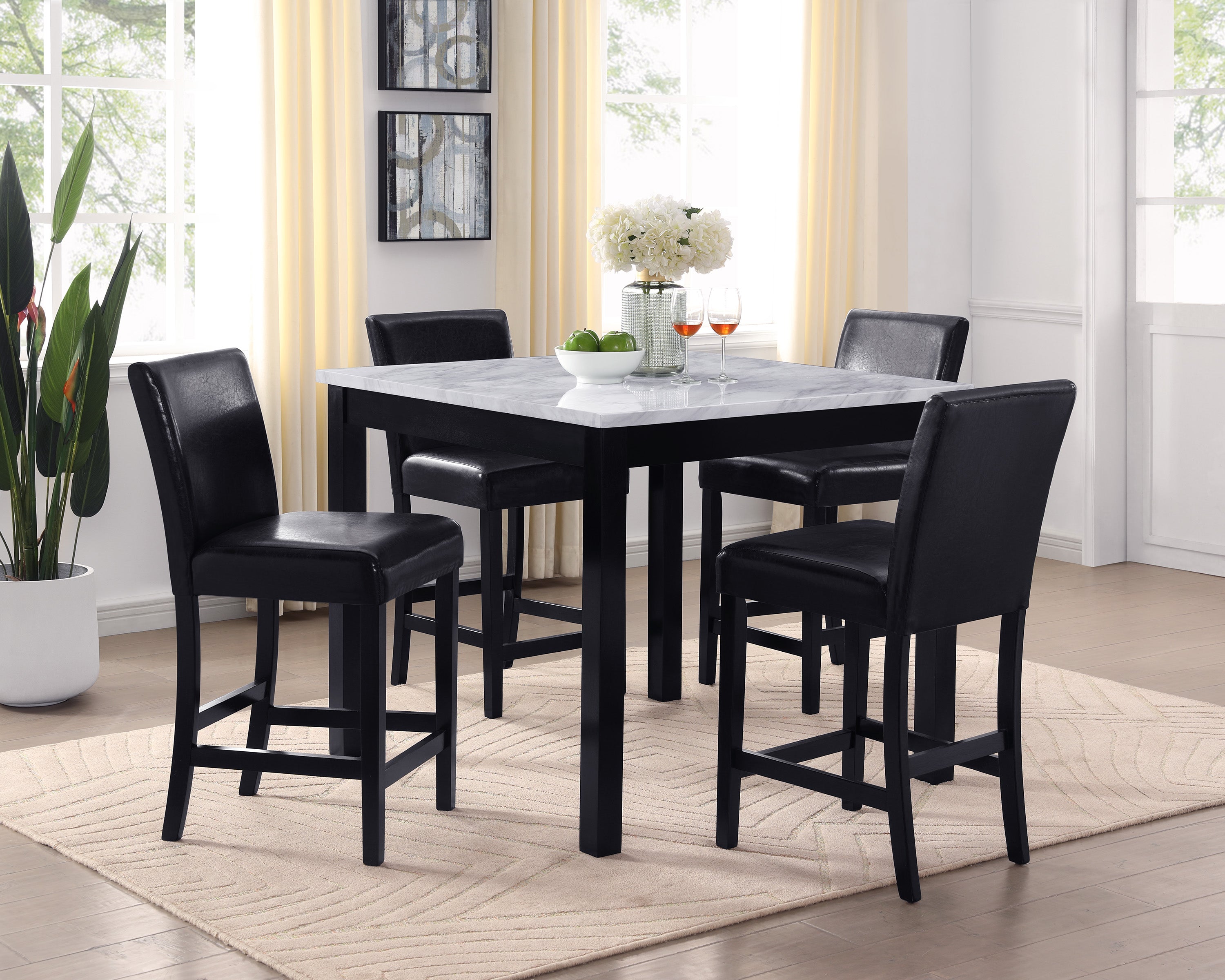 1715SET-PU 5 pc Lennon black finish wood faux marble top counter height dining table set black faux leather chairs