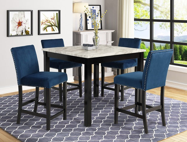 1715SET-RB 5 pc Gracie oaks lennon dark finish faux marble top counter height dining table set royal blue velvet chairs