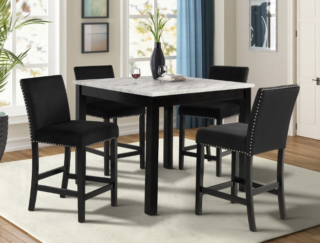 1715SET 5 pc Gracie oaks lennon dark finish faux marble top counter height dining table set black velvet chairs