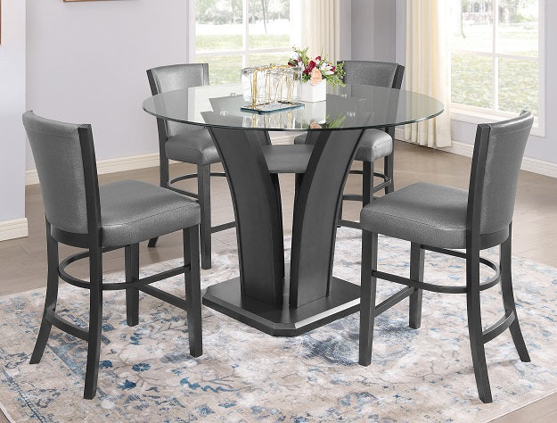 1716T-54 5 pc 5 pc Camelia grey finish wood base and 54" round glass top counter height dining table set with grey chairs