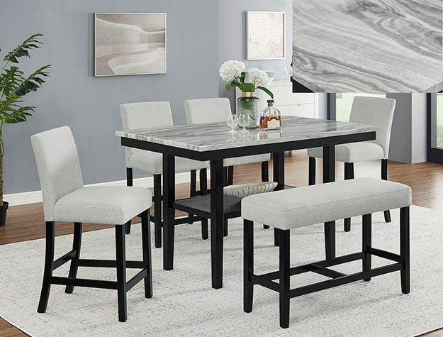 1718T-6PC 6 pc Marbel black wood finish faux marble top counter height dining table set with bench
