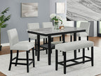 1718T-6PC 6 pc Marbel black wood finish faux marble top counter height dining table set with bench