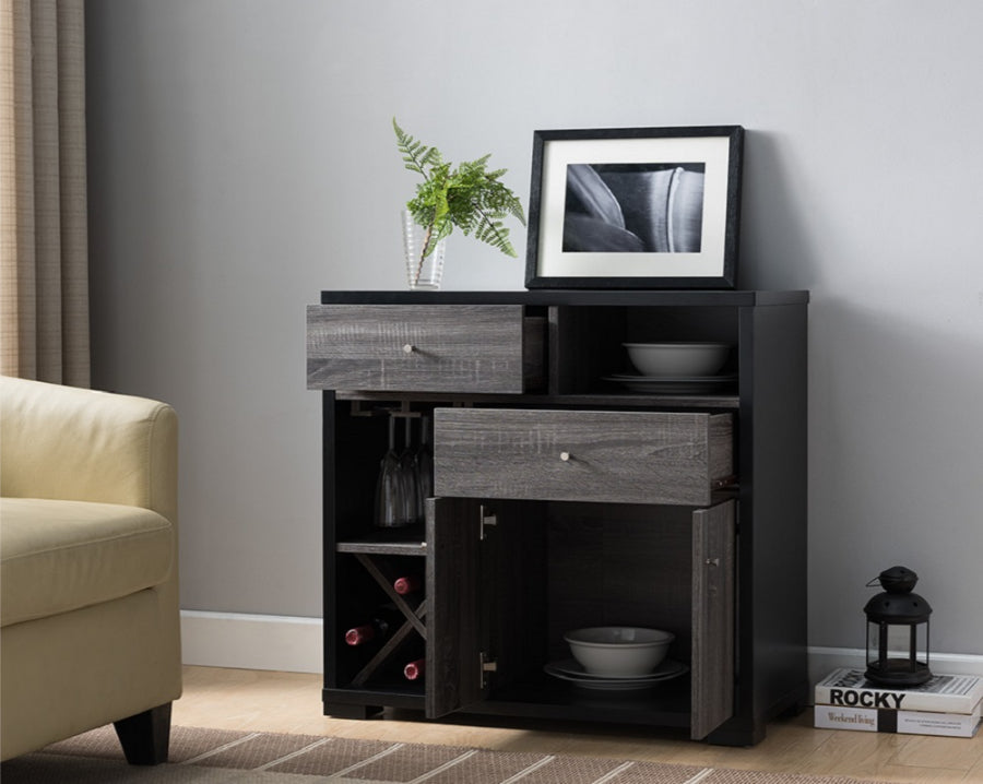 171958 Two tone distressed grey and black finish wood bar / wine cabinet buffet server with bottle racks and glass holders