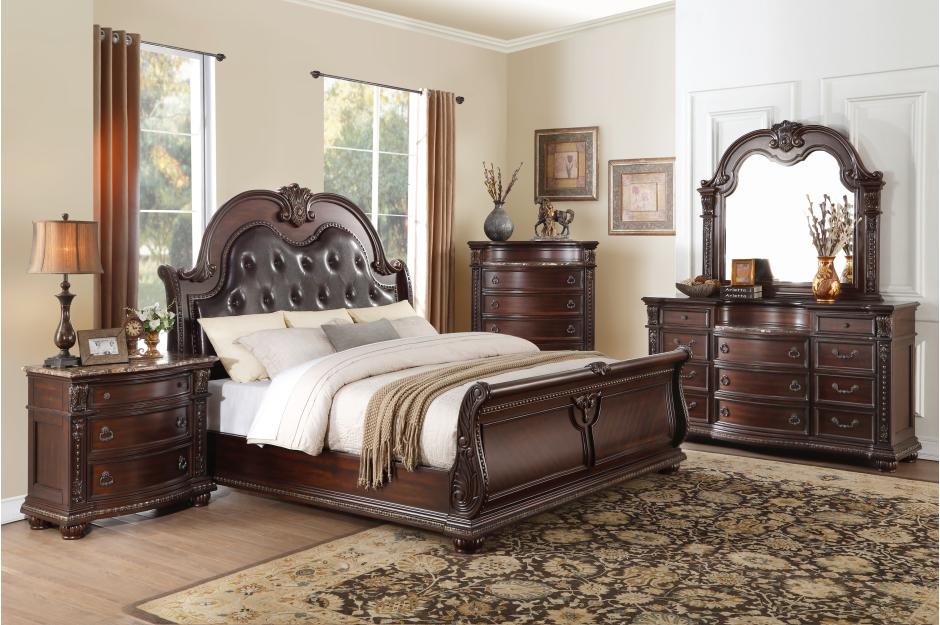 Homelegance 1757-4PC 4 pc Astoria grand Cavalier dark cherry finish wood ornate sleigh bedroom set