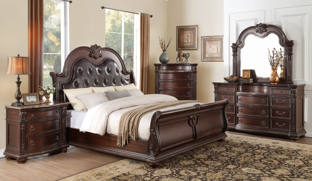 Homelegance 1757-4PC 4 pc Astoria grand Cavalier dark cherry finish wood ornate sleigh bedroom set