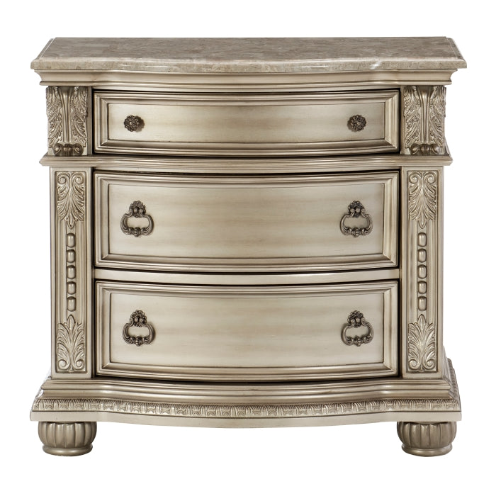 Cavalier Silver Finish Ornate Wood Bedroom Nightstand – 1757SV-N