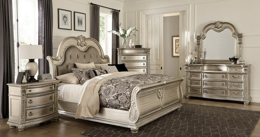 Homelegance 1757SV-4PC 4 pc Astoria grand Cavalier silver finish wood ornate sleigh bedroom set