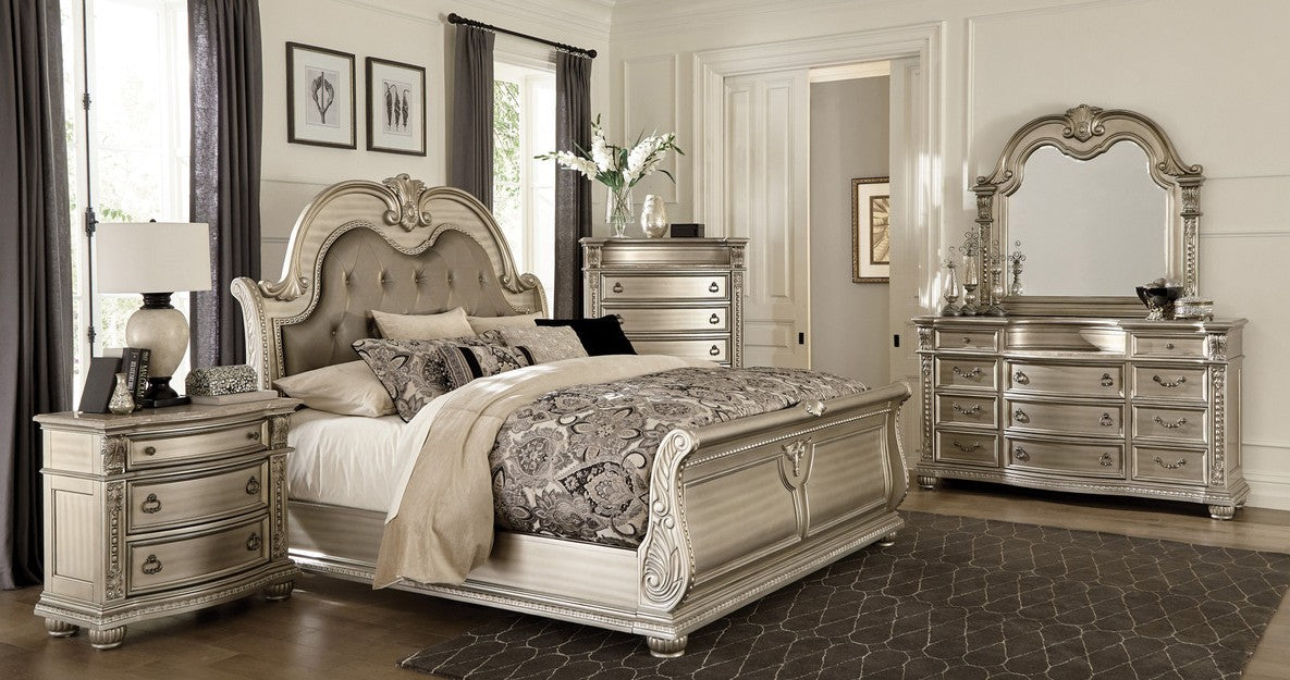 Homelegance 1757SV-4PC 4 pc Astoria grand Cavalier silver finish wood ornate sleigh bedroom set
