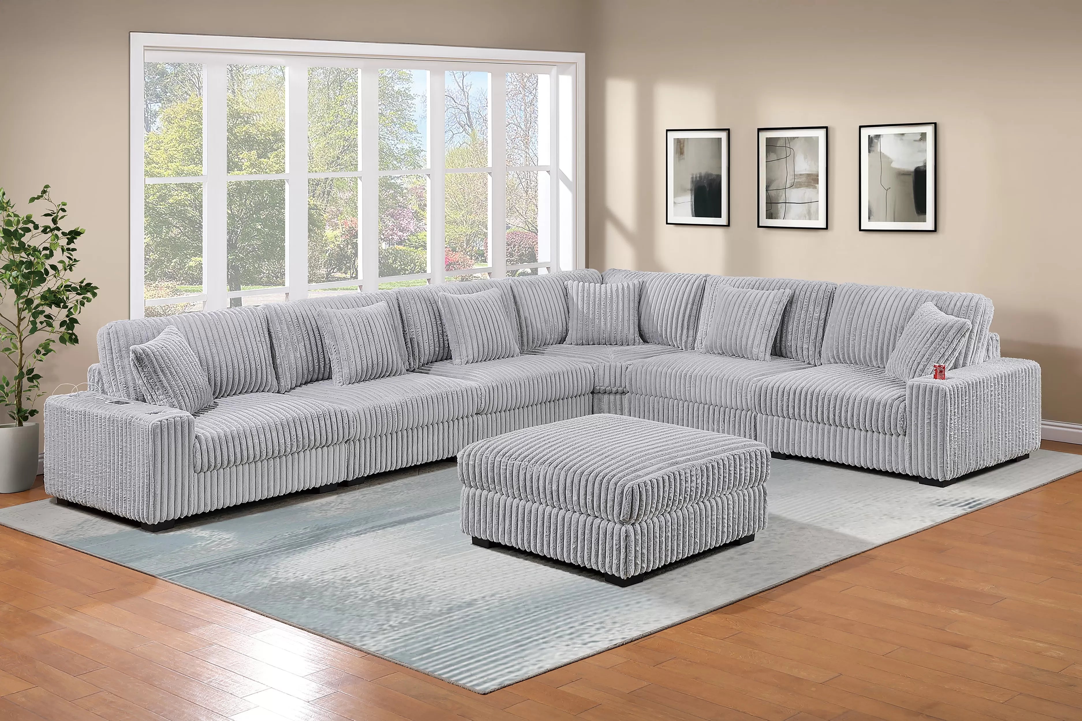 Poundex F178 7 pc grey wide welt corduroy fabric modular sectional sofa with ottoman