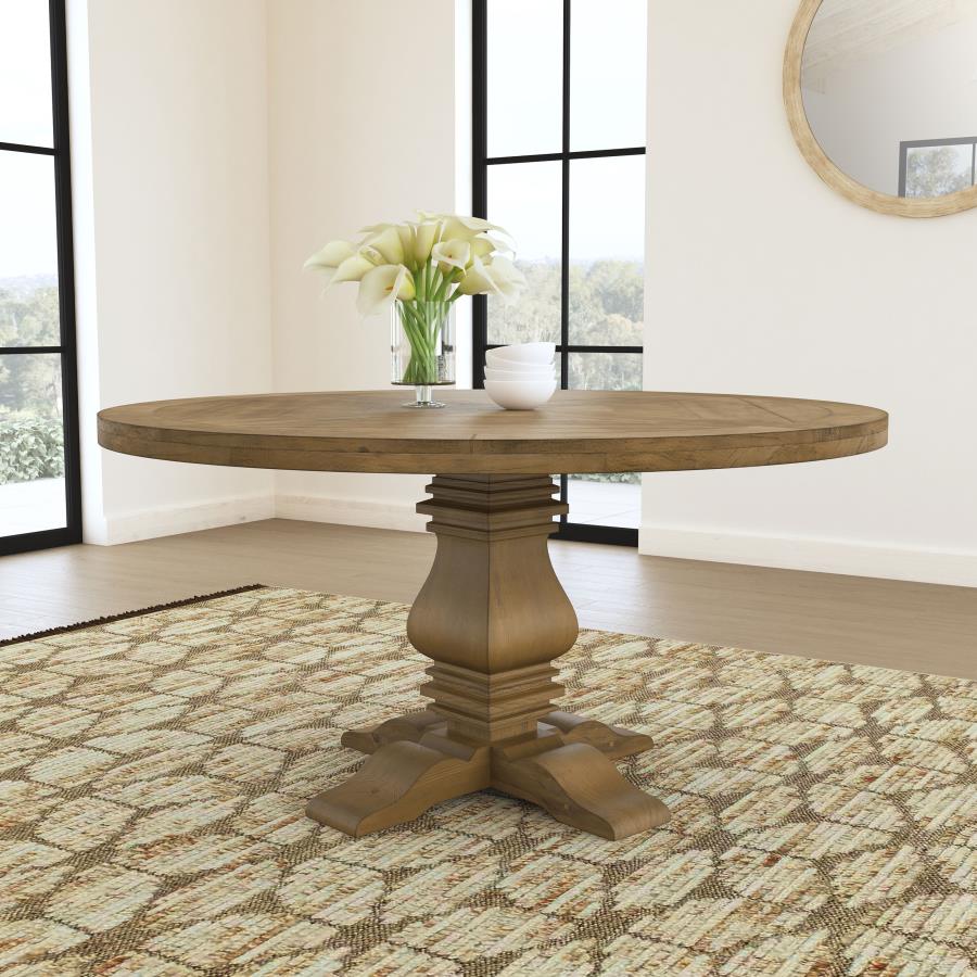 Florence French Country Rustic Honey Finish Solid Pine Round Pedestal Dining Table – 180200
