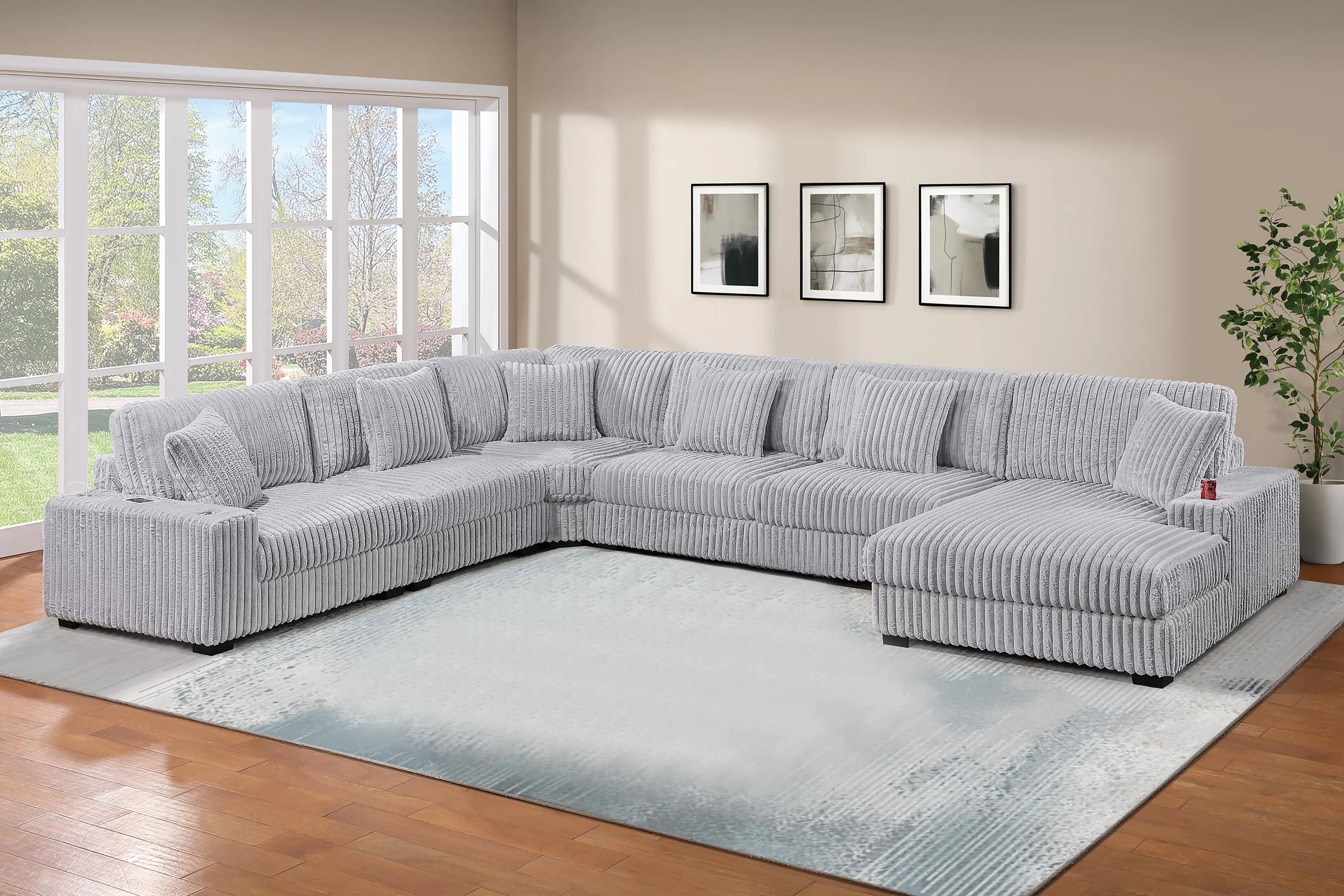 Poundex F181 6 pc grey wide welt corduroy fabric modular sectional sofa and chaise
