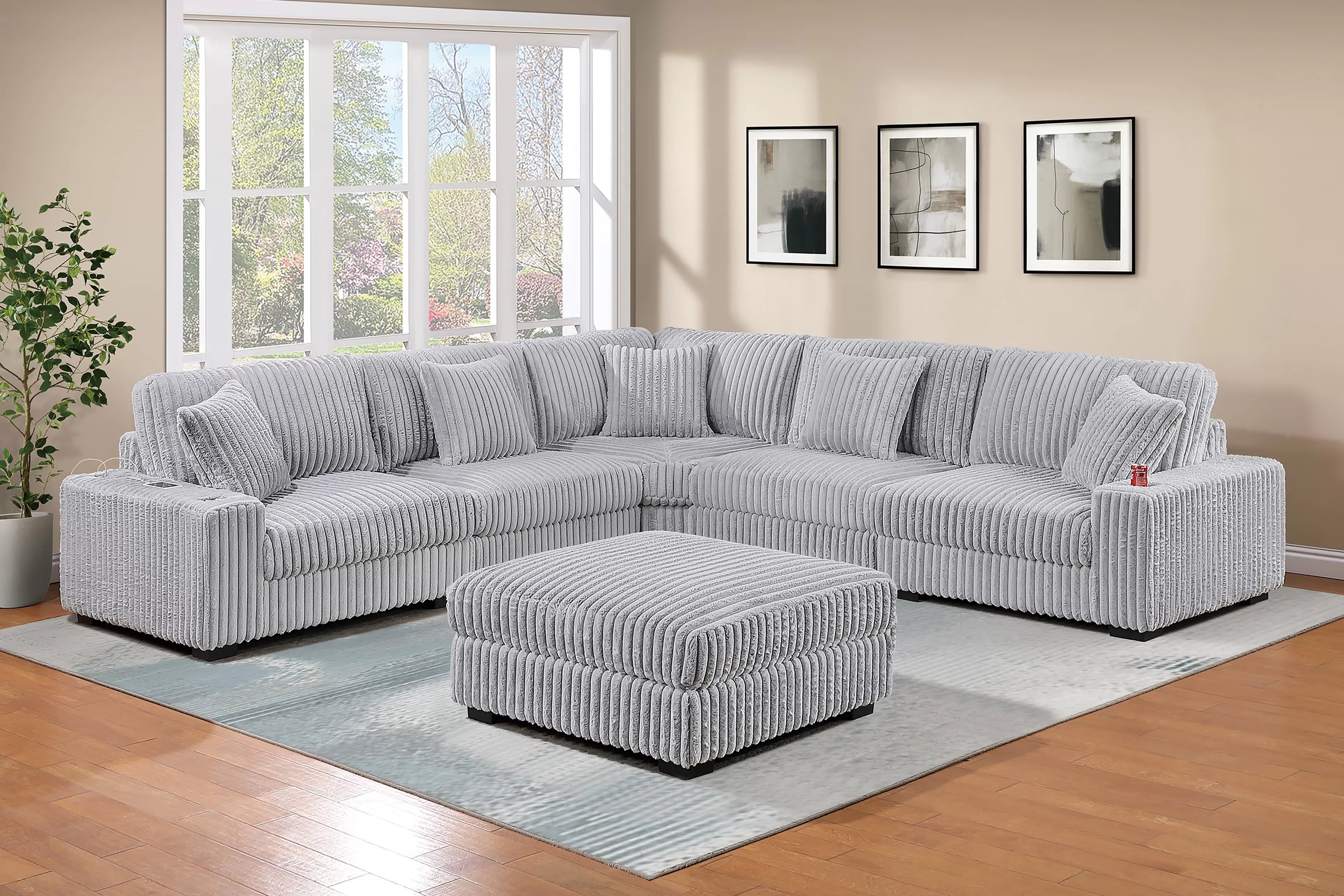 Poundex F182 6 pc grey wide welt corduroy fabric modular sectional sofa with ottoman